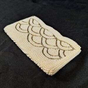 Vintage Ivory Pearl Beaded Zip Top Clutch Made in Japan